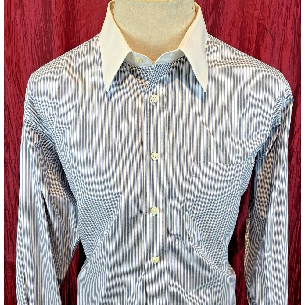 Mens Paul Fredrick Blue Stripe Cotton Pinpoint Fr Cuff Dress Shirt sz 17x35